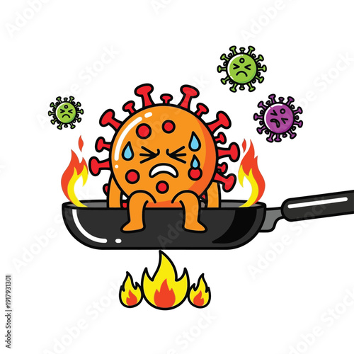 A distressed cartoon virus character sits in a black frying pan heated by flames, conveying destruction or elimination of the virus.
