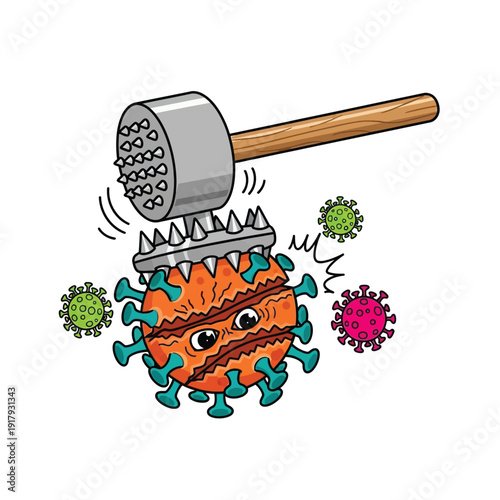 An orange cartoon virus with an angry face is being flattened by a textured meat mallet, representing suppression or a struggle.