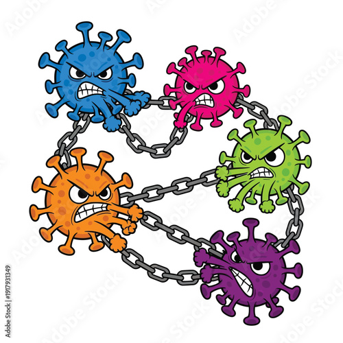 Multiple angry, colorful cartoon virus characters are connected by a heavy metal chain, symbolizing a widespread pandemic.
