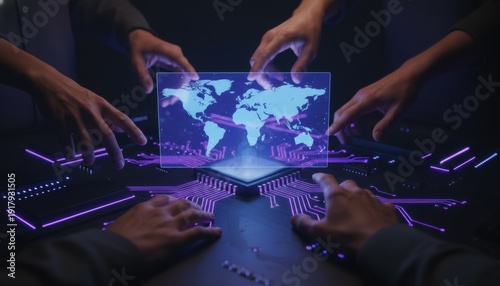 Global Connection: A visual representation of global connection and collaboration, highlighting the synergy of hands interacting with a holographic world map. The image evokes a sense of unity. 