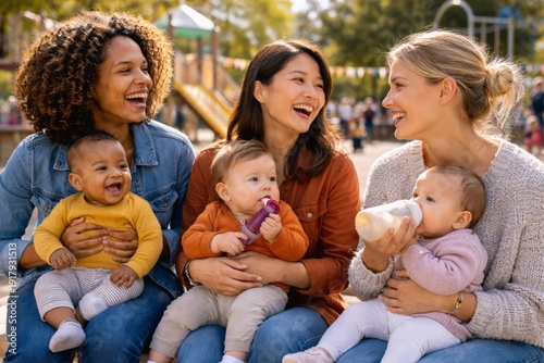 Group of mothers holding babies and laughing together