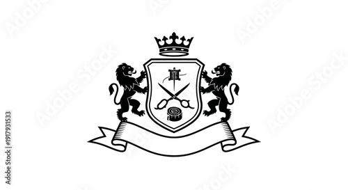 Elegant Heraldic Tailor's Crest with Scissors, Crown, and Supporting Lions Design
