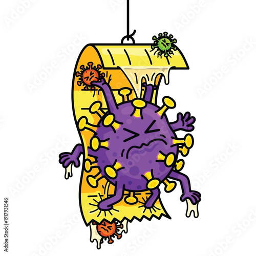 A sad, purple virus character stuck and melting on toilet paper, humorously representing pandemic-related shortages and panic.
