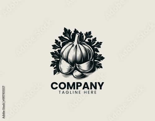 Fresh garlic with separate cloves and green parsley leaves black vector logo illustration white background