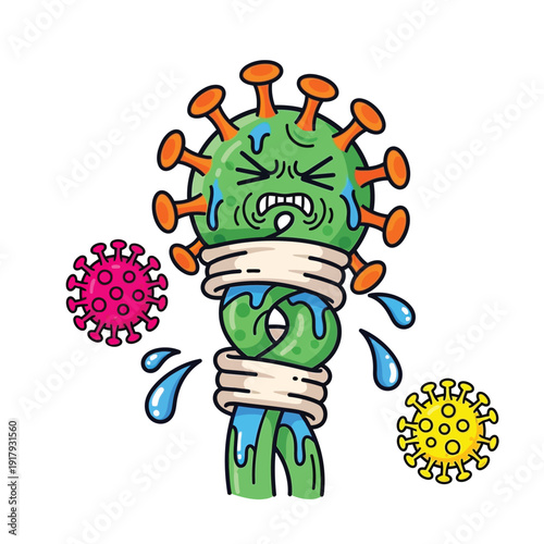 A distressed green virus character, bound and crying, with other virus types nearby, illustrating containment or struggle against infection.
