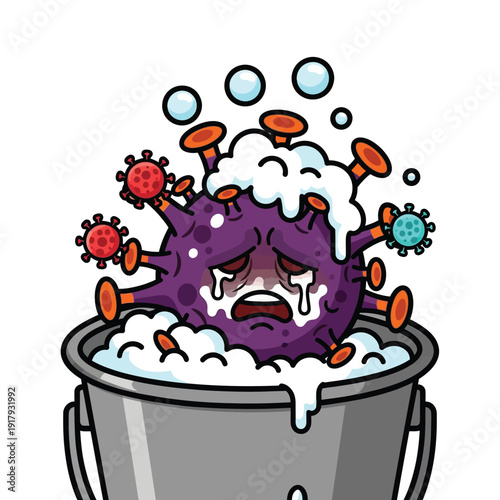 A crying cartoon virus is covered in soap bubbles and submerged in a bucket of soapy water, symbolizing the effort to disinfect and clean.