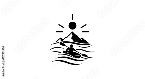 Minimalist kayaking logo with mountains and sun, outdoor adventure concept
