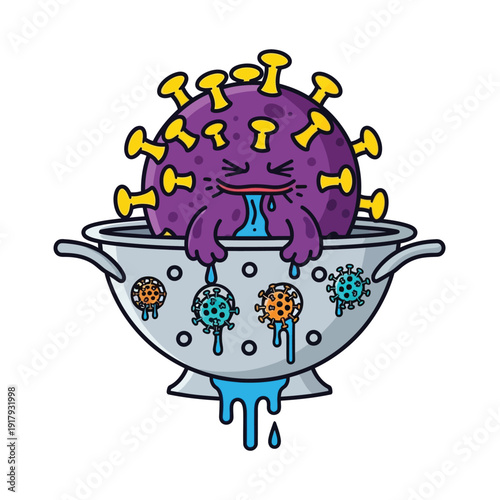 A dejected cartoon virus sits in a colander, with other viruses dripping away, representing cleansing, purification, or elimination of the contagion.