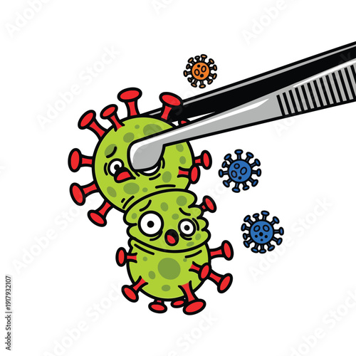 A comical depiction of worried virus characters being handled by tweezers, illustrating scientific study or eradication efforts.