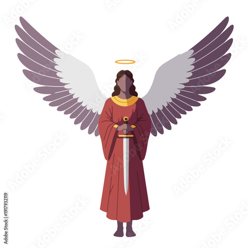 "A standing angelic figure with large wings and a sword, symbolizing strength and protection, representing the theme of religion, Easter, and religious symbols."