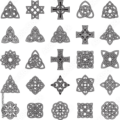 Celtic knotwork designs and crosses in black on white background