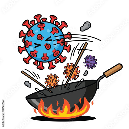 A lively illustration of virus characters being tossed in a wok with flames, symbolizing a struggle or a culinary battle against the virus.