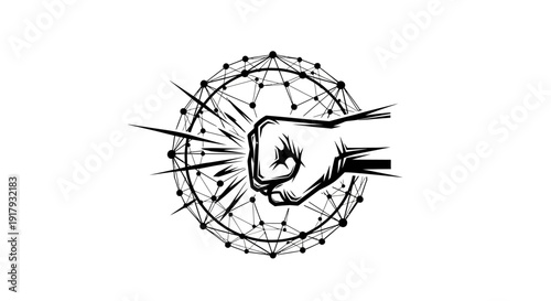 Powerful Fist Breaking Through Abstract Digital Network Barrier