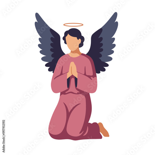 "A serene illustration of a kneeling angel with outstretched wings and a halo, symbolizing prayer and spirituality, representing the concept of Religion, Easter, religious symbols."