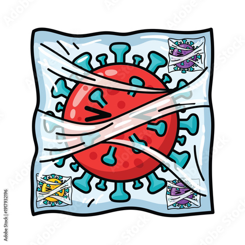 A virus character tightly packaged in plastic wrap, conveying themes of containment, quarantine, and preventing the spread of infection.