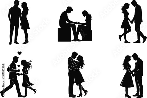 Romantic couple silhouette set showing love, dating, proposal, and intimate moments between man and woman isolated on white background