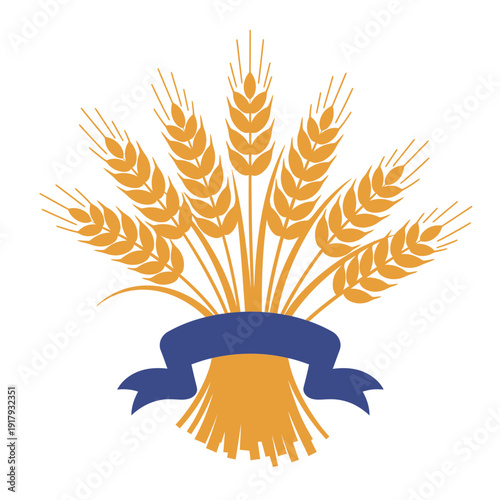 "An illustration of a golden wheat sheaf tied with a blue ribbon, symbolizing abundance and harvest in the theme of religion, Easter, and religious symbols."