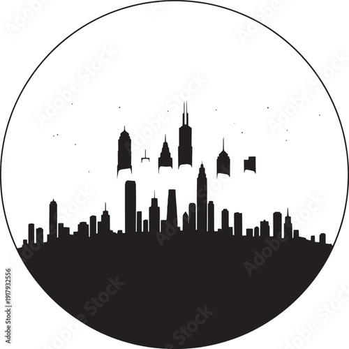 City skyline silhouette inside a circle on white background