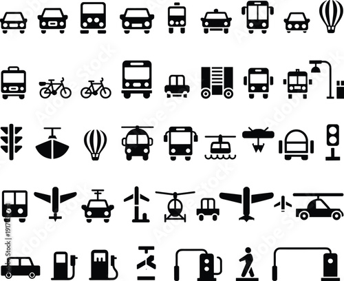 "Silhouette icons of transportation and traffic elements including cars, buses, bicycles, trains, airplanes, boats, helicopters, traffic lights, gas pumps, and pedestrians in vector illustration"