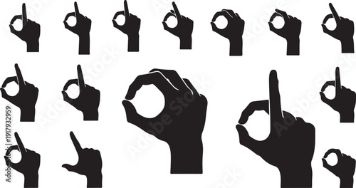 Various hand gestures in black silhouette on white background