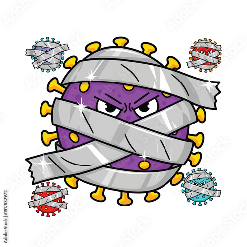 An angry, stylized purple virus is tightly wrapped in silver bandages, with smaller, similarly bandaged viruses scattered around it. This visual suggests fighting infection and recovering.