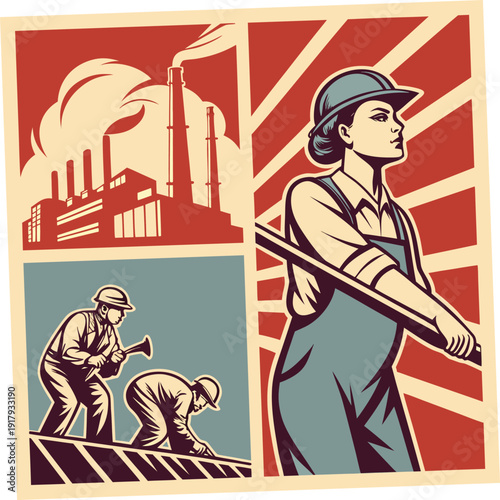 Retro Propaganda Art: Industrial Workers, Factory & Female Laborer Vector on transparent background