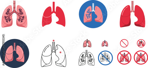 Human lungs anatomy set with healthy and diseased conditions isolated on white background medical vector illustration
