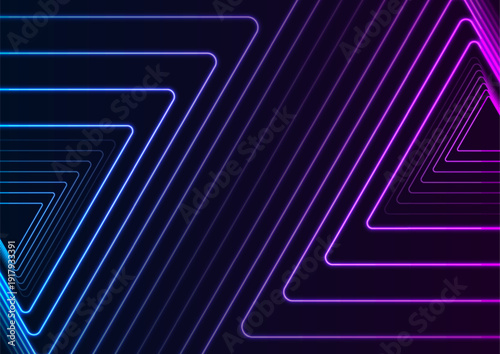 Blue and ultraviolet neon laser triangles, abstract geometric background. Futuristic vector design