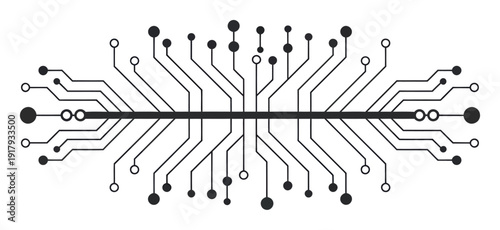 Abstract Circuit Board with Black Lines and Circles on White Background