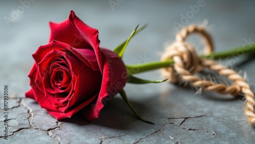 Deep red rose tied with rough rope on cracked surface bloom petals