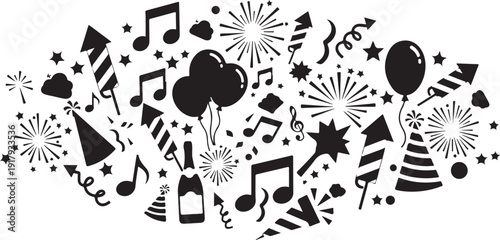 Party Celebration Icons and Symbols in Black and White