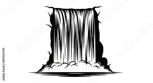 Fluid Black Vector Silhouette of a Cascading Mighty Waterfall. transparent.
