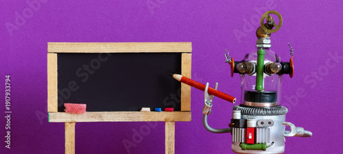 Whimsical robot instructor with transparent head pointing red pencil at empty chalkboard. Classroom presentation concept, educational poster design