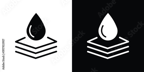Water droplet falling onto stacked material layers. Vector icon illustrating waterproof fabric, absorbent textile technology, or multi-layer protection. Black and white technical sign.