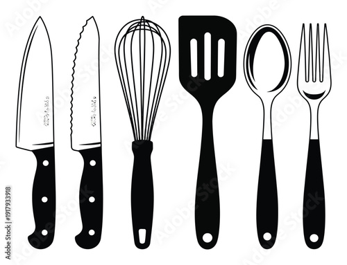 Black and White of Kitchen Utensils: Knives, Whisk, Spatula, Spoon, and Fork