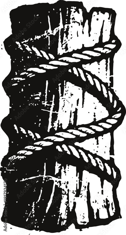 Fototapeta premium Old wooden post wrapped with thick rope vintage nautical or rustic timber illustration with weathered texture and carved wood grain