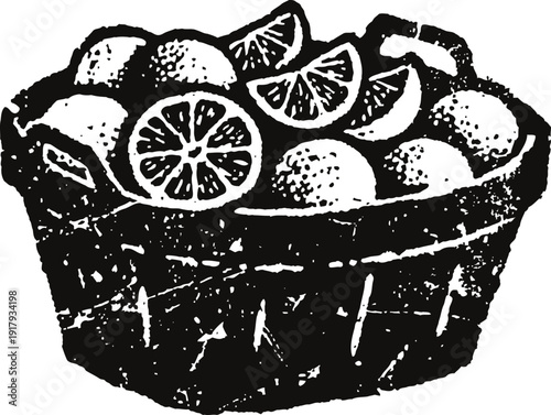 Basket filled with whole and sliced oranges with textured vintage