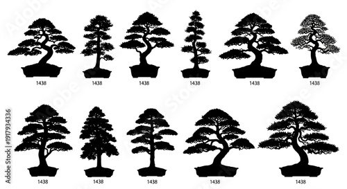 Bonsai tree silhouette icon collection. Includes 12 different traditional Japanese bonsai trees in various shapes and styles. Created in black and white flat vector style.