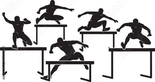 Silhouette of athletes jumping over hurdles in motion