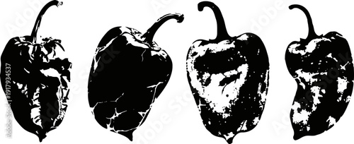 Four black and white stylized bell pepper silhouettes isolated on white background