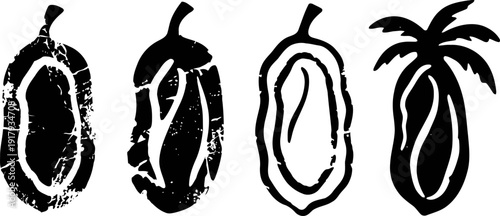 Stylized cacao pods silhouettes with various texture effects in black and white design