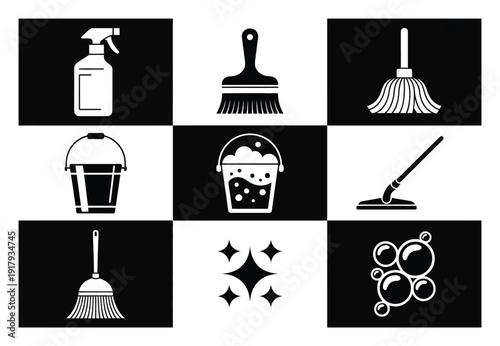 Cleaning Supplies and A Grid of Household Chores