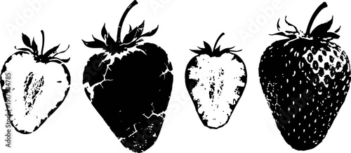 vintage distressed strawberry illustrations set with halftone texture, black and white fruit art