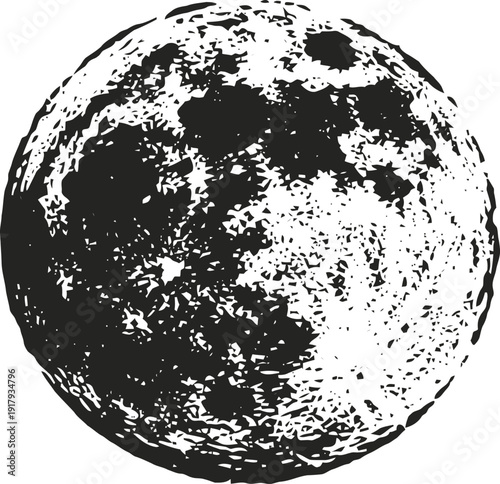 detailed black and white illustration of the moon surface with craters and lunar texture, space celestial body