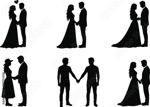 Romantic wedding couple silhouette set showing bride and groom holding hands and facing each other isolated on white background