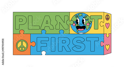 Planet first eco friendly puzzle piece banner with earth character, peace sign and heart symbols in colorful sections.