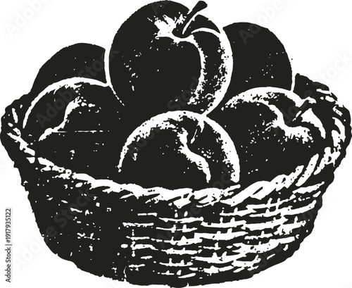 Basket of fresh apples with detailed texture sketch hand drawn fruit in rustic woven basket illustration