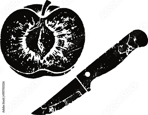 Vintage black and white illustration of a halved peach with knife