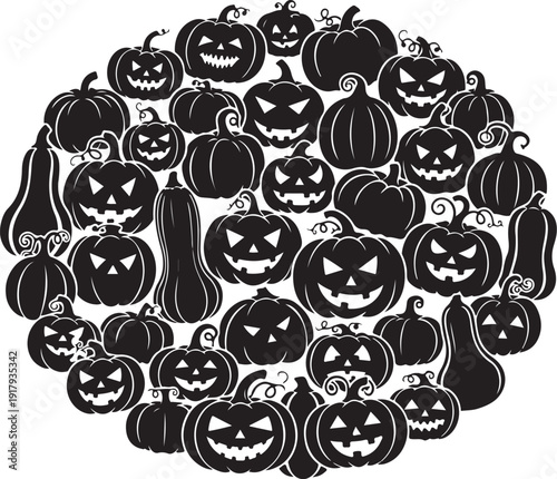 Black and white Halloween pumpkin patch illustration