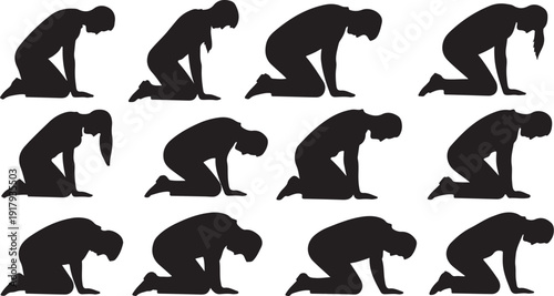 Silhouette of man in various kneeling positions sequence